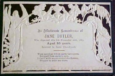 Funeral  Memorial Mourning card JANE BUTLER 1828 - 1883 Interred in Seale churchyard England