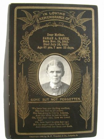 Death Record Sarah A. Hanks of Iowa 1842 - 1909