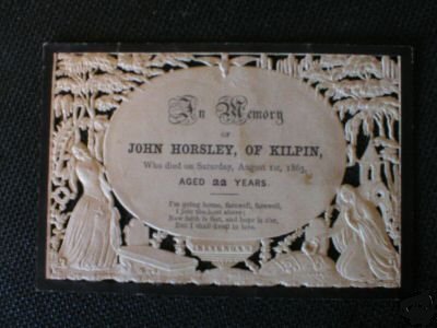 Funeral Card John Horsley 1841 - 1863, Kilpin England