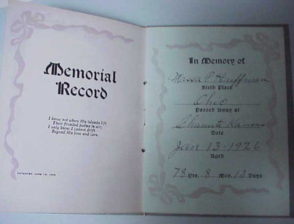 Funeral Card Massa P. Huffman 1848 Ohio - 1926 Chanute Kansas