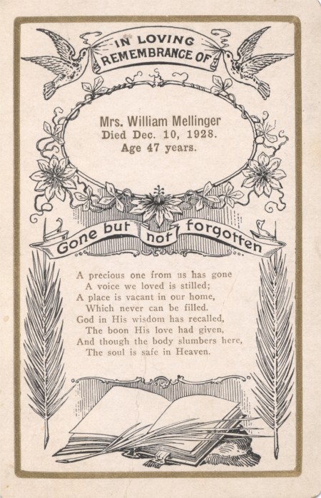 Funeral Card Mrs. William Mellinger 1881 - 1928 Pennsylvania