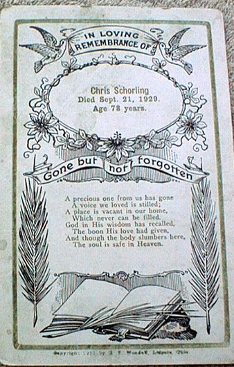 Funeral Card Chris Schorling died 1929