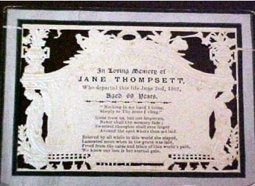 Funeral Memorial Mourning card JANE THOMPSETT 1833 - 1902 England