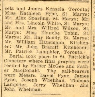 Continuation of the McGee obituary clipping listing out-of-town mourners, the burial in St. Patrick's Cemetery and the pall-bearers