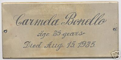 Free Genealogy Death Record on the Coffin Plate of Carmela Bonello