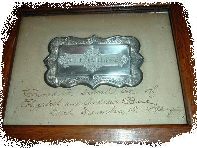 The Free Genealogy Death Record on the Coffin Plate of Conrad B Bue, died 1892