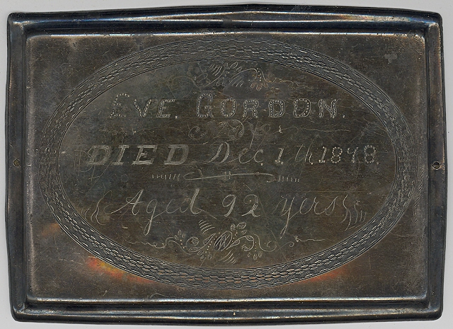 The Free Genealogy Death Record on the Coffin Plate of Eve Gordon 1786 ~ 1878