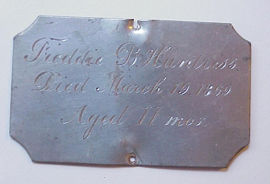 The Free Genealogy Death Record on the Coffin Plate of Freddie B Huntress 1868 ~ 1869