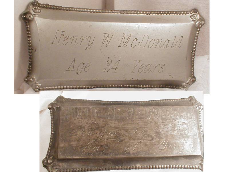 The Free Genealogy Death Record on the Coffin Plate of Henry W McDonald Aged 34 and Joan A McDonald 1864 ~ 1918