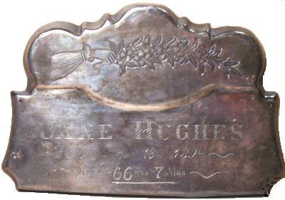 The Free Genealogy Death Record on the Coffin Plate of Jane Hughes 1828 ~ 1894
