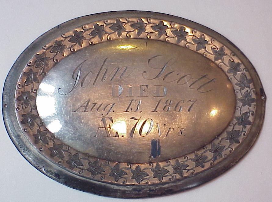Free Genealogy Death Record on the Coffin Plate of John Scott 1797 ~ 1867