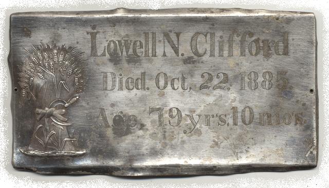 The Free Genealogy Death Record on the Coffin Plate of Lowell N Clifford 1806 ~ 1885