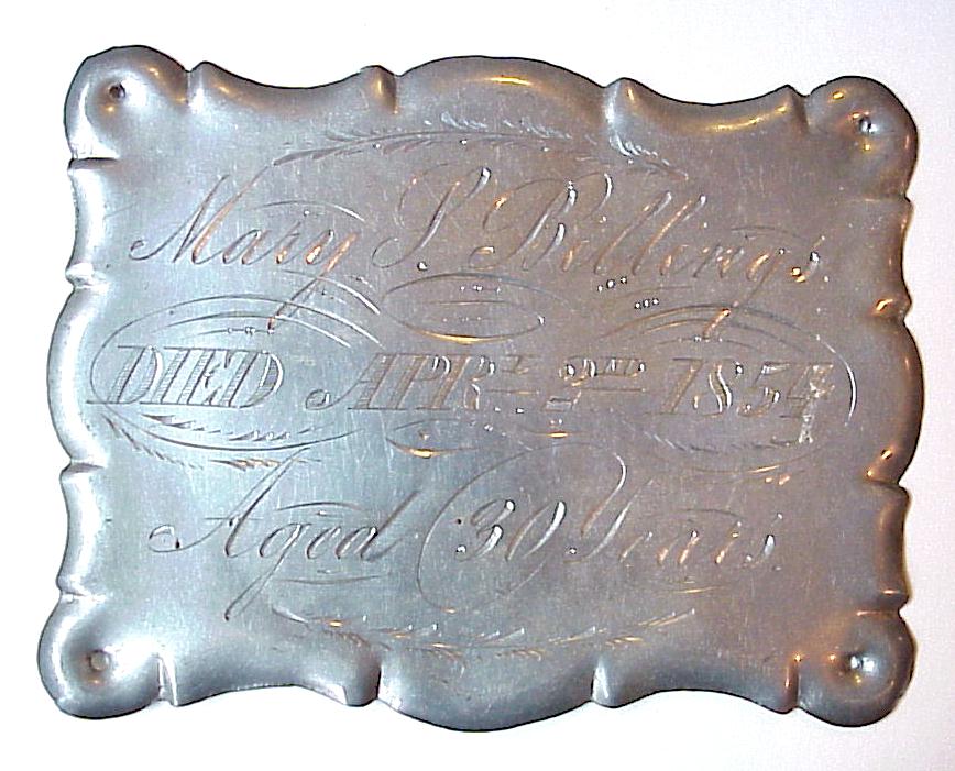 Free Genealogy Death Record on the Coffin Plate of Mary Billings 1824 ~ 1854