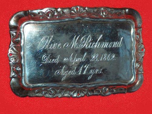 The Free Genealogy Death Record on the Coffin Plate of Olive M Richmond 1845 ~ 1862