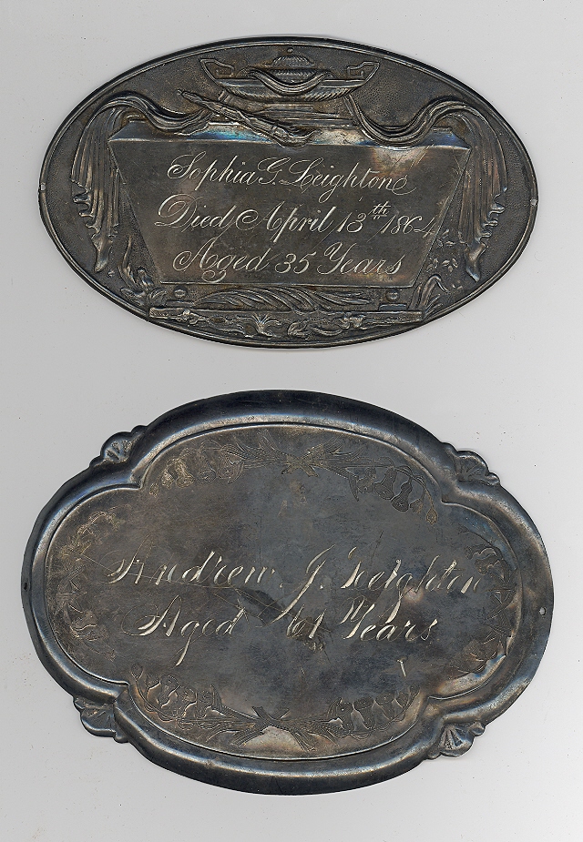 The Free Genealogy Death Record on the Coffin Plates of Sophia G Leightone and Andrew Leighton