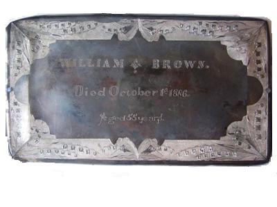 The Free Genealogy Death Record on the Coffin Plates of Jane Brown 1827 ~ 1888, Mary Jane Brown 1861 ~ 1886, William Brown 1831 ~ 1886