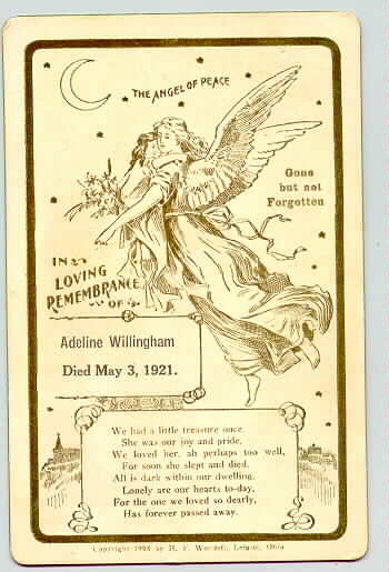 Death Record on the Memorial Card of Adeline Willingham