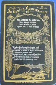 Funeral Card for Johanna M. Anderson 1845 - 1902