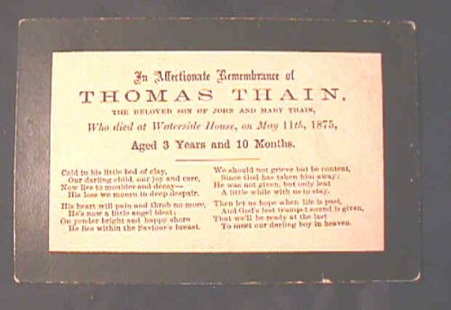 Thomas Thain died 1875 age 3 years 10 months Waterside House, son of John and Mary Thain
