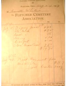 Fletcher Cemetery Ohio bill to Garrett White for grave, 24 Aug. 1909
