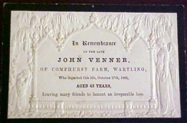 Funeral Memorial Mourning card JOHN VENNER of Cophurst Farm, Wartling, England 1819 - 1862