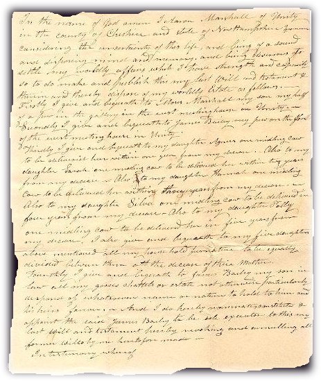 death records on the will of Aron Marshall of Unity NH 1824
