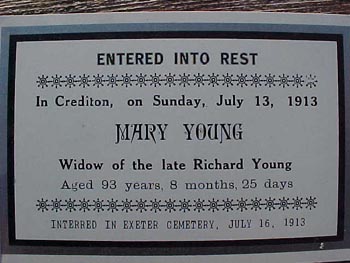 Memorial funeral card for Mary Young of Crediton, Huron County Ontario, 1820 - 1913