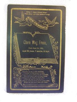 Death Record on the Memorial Card of Clara May Frain