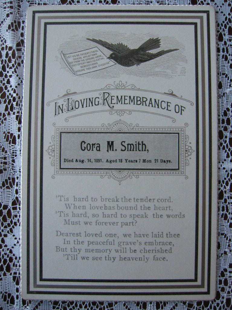 Death Record on the Memorial Card of Cora M Smith