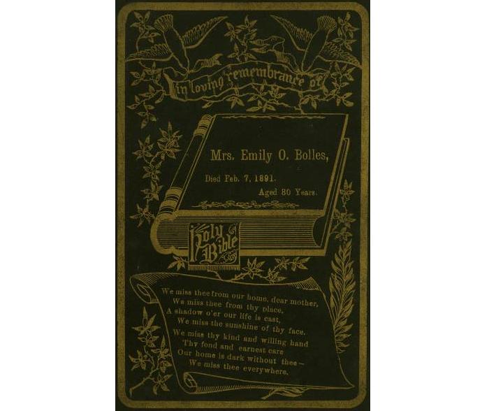 Death Record on the Memorial Card of Emily O Bolles 